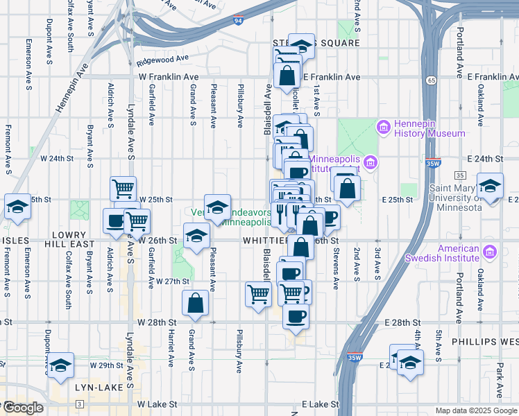 map of restaurants, bars, coffee shops, grocery stores, and more near 2521 Pillsbury Avenue in Minneapolis