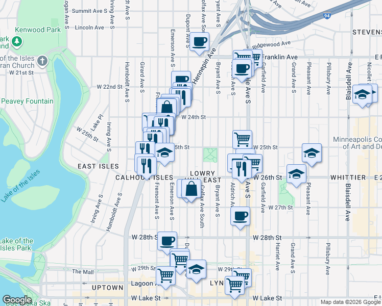 map of restaurants, bars, coffee shops, grocery stores, and more near 2509 Dupont Avenue South in Minneapolis