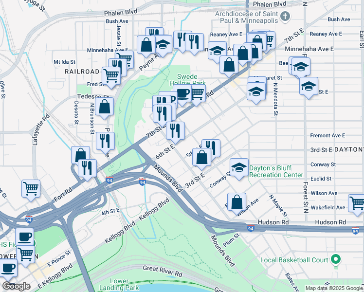map of restaurants, bars, coffee shops, grocery stores, and more near 358 Maria Avenue in Saint Paul
