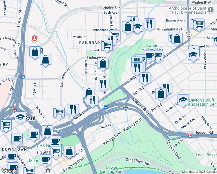 map of restaurants, bars, coffee shops, grocery stores, and more near 597 East 7th Street in Saint Paul