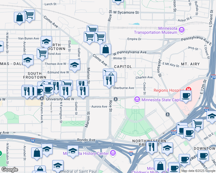 map of restaurants, bars, coffee shops, grocery stores, and more near 505 County Road 49 in Saint Paul