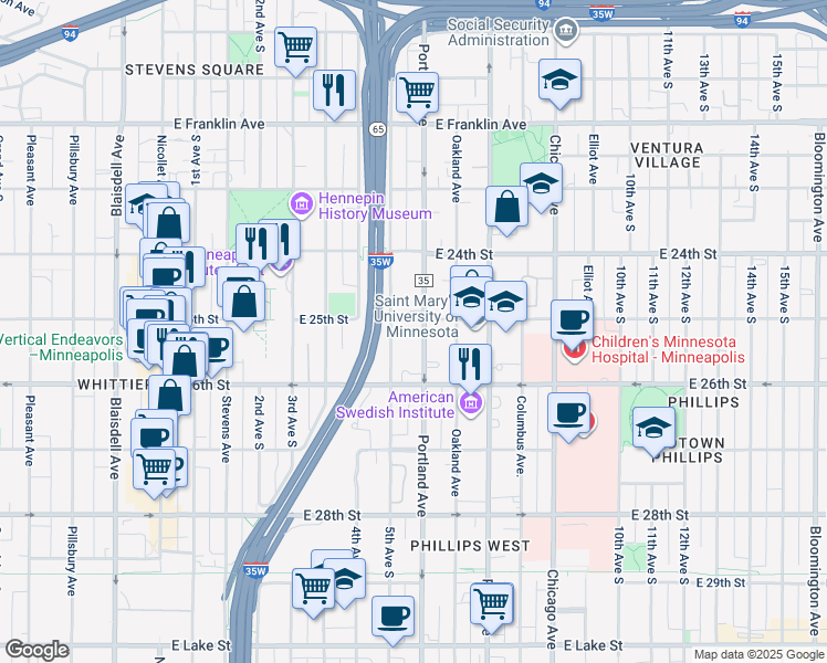 map of restaurants, bars, coffee shops, grocery stores, and more near 2517 South 5th Avenue in Minneapolis