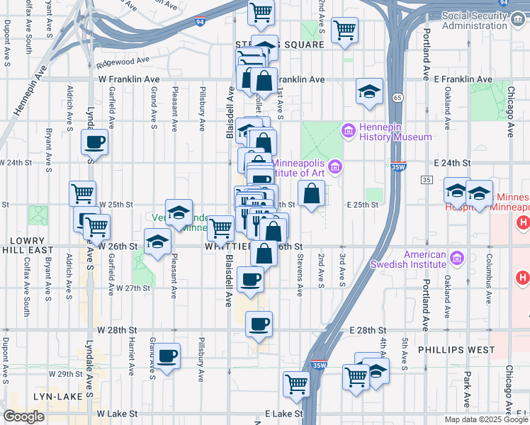 map of restaurants, bars, coffee shops, grocery stores, and more near 2521 Nicollet Avenue in Minneapolis