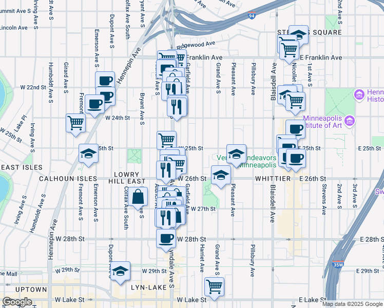 map of restaurants, bars, coffee shops, grocery stores, and more near 2521 Garfield Avenue in Minneapolis