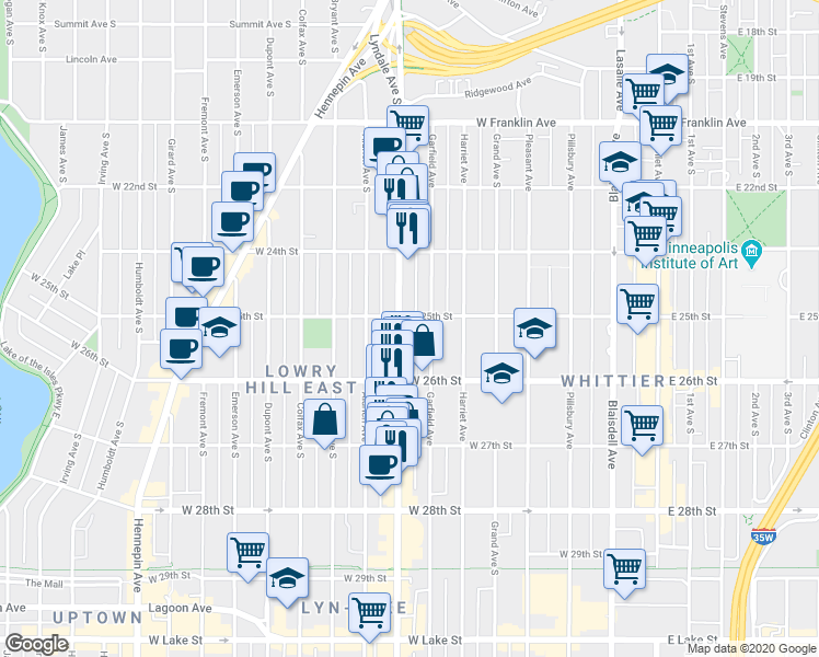 map of restaurants, bars, coffee shops, grocery stores, and more near 2523 Lyndale Avenue South in Minneapolis