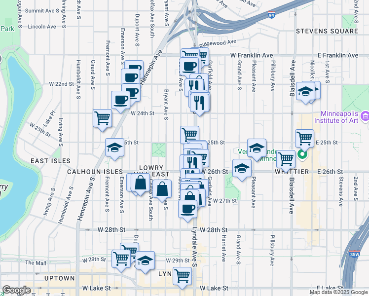 map of restaurants, bars, coffee shops, grocery stores, and more near 2530 Aldrich Avenue South in Minneapolis