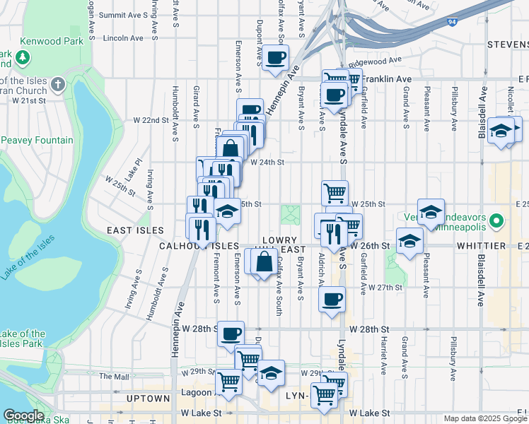 map of restaurants, bars, coffee shops, grocery stores, and more near 2524 Colfax Avenue South in Minneapolis