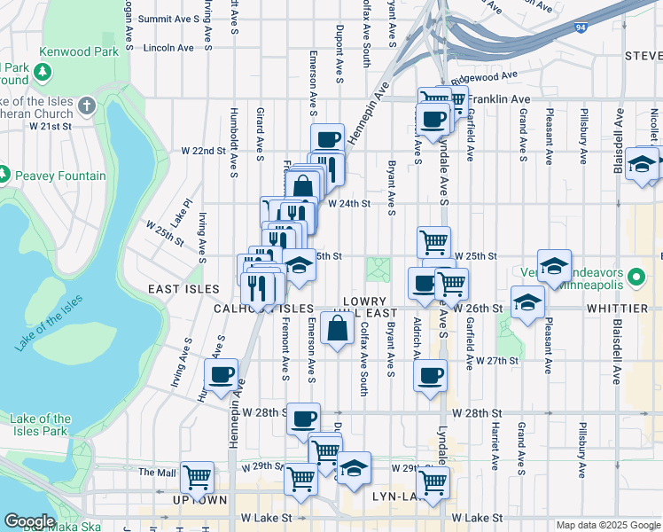 map of restaurants, bars, coffee shops, grocery stores, and more near 2525 Emerson Avenue South in Minneapolis