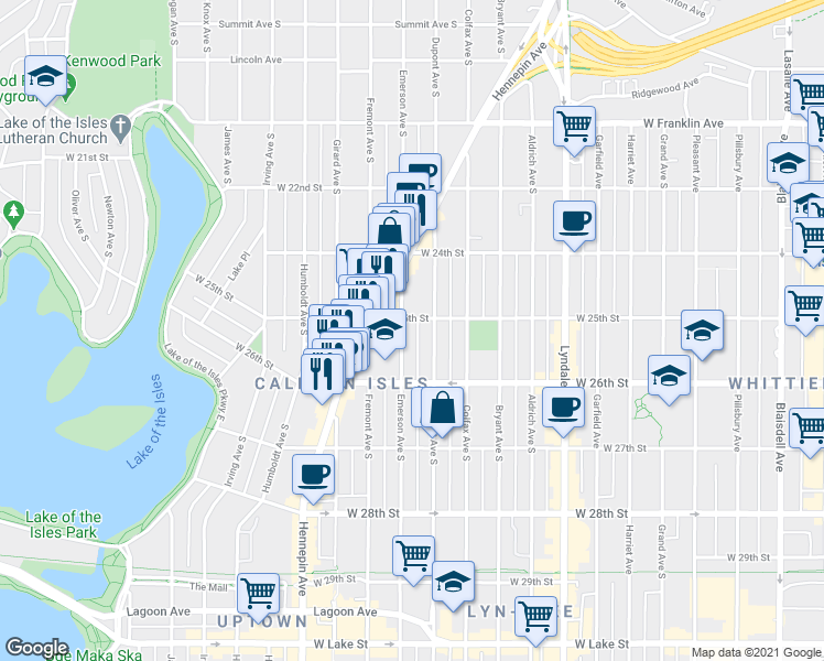 map of restaurants, bars, coffee shops, grocery stores, and more near 2525 Emerson Avenue South in Minneapolis