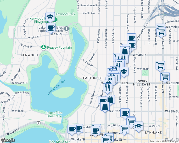 map of restaurants, bars, coffee shops, grocery stores, and more near 1627 West 26th Street in Minneapolis