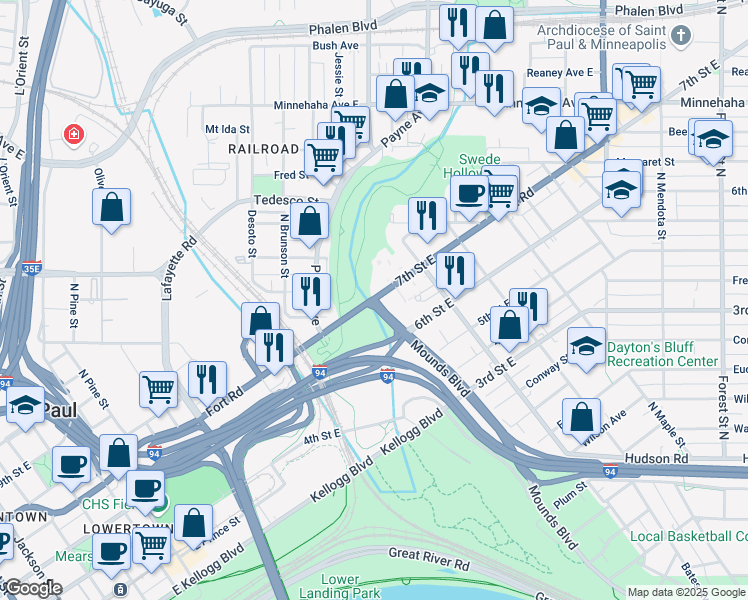 map of restaurants, bars, coffee shops, grocery stores, and more near 597 7th Street East in Saint Paul
