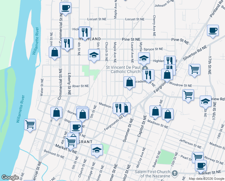 map of restaurants, bars, coffee shops, grocery stores, and more near 640 South Saint Northeast in Salem