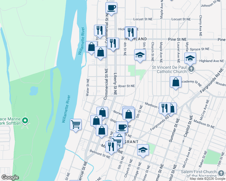 map of restaurants, bars, coffee shops, grocery stores, and more near 1735 Liberty Street Northeast in Salem