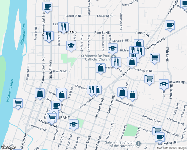 map of restaurants, bars, coffee shops, grocery stores, and more near 740 South Saint Northeast in Salem