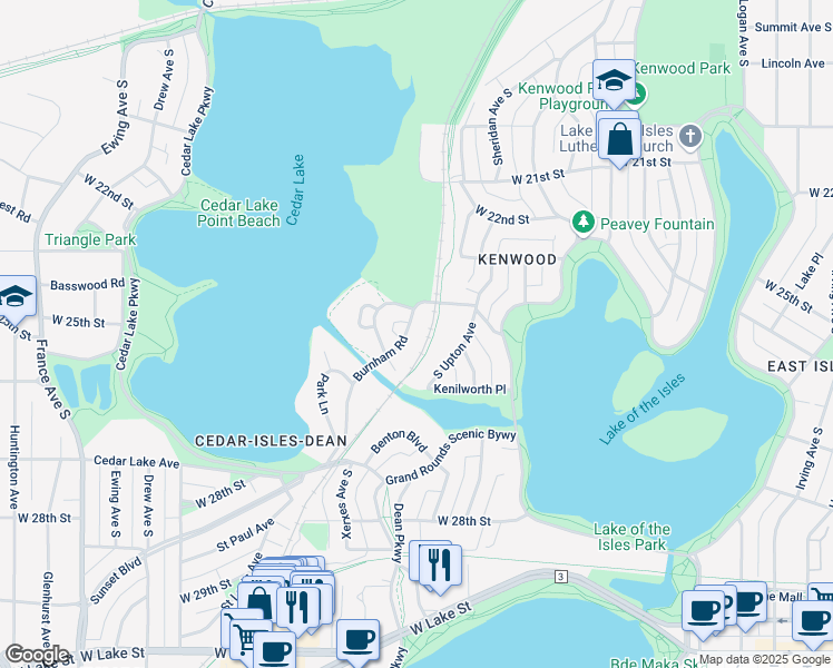 map of restaurants, bars, coffee shops, grocery stores, and more near 2551 Burnham Road in Minneapolis