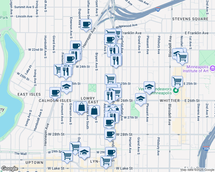map of restaurants, bars, coffee shops, grocery stores, and more near 2530 Aldrich Avenue South in Minneapolis