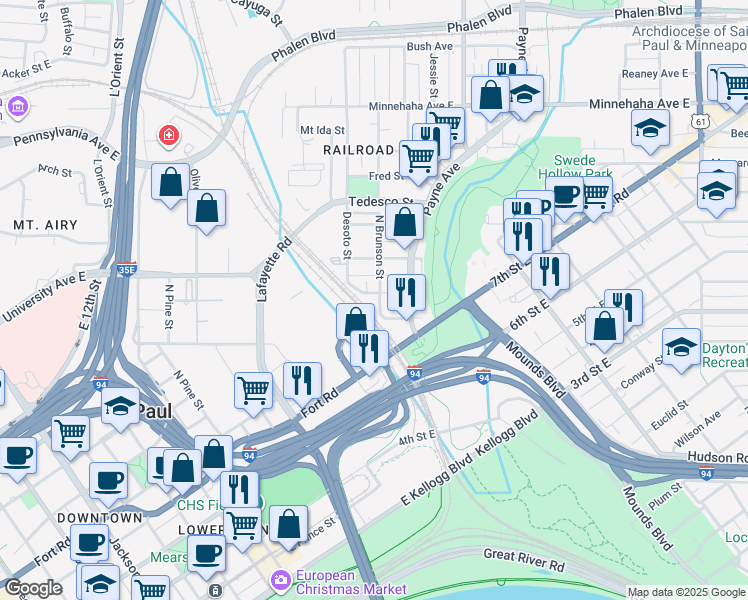 map of restaurants, bars, coffee shops, grocery stores, and more near 505 Payne Avenue in Saint Paul