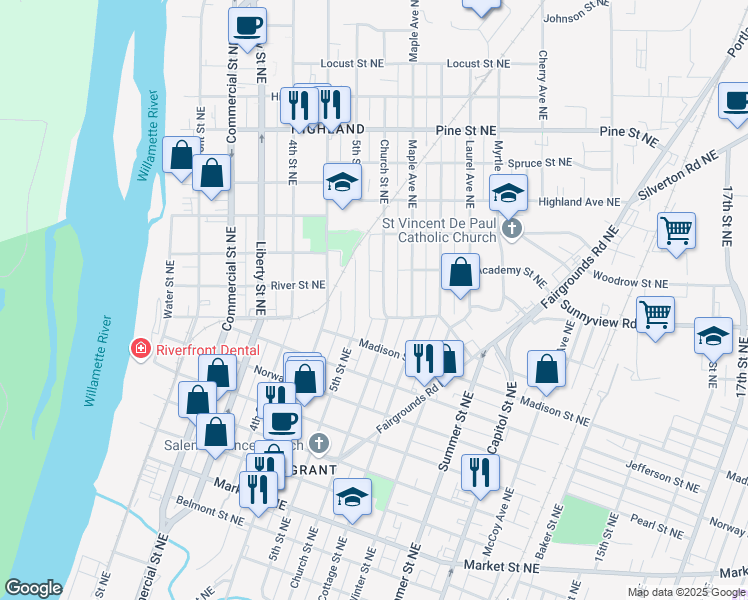 map of restaurants, bars, coffee shops, grocery stores, and more near 1846 5th Street Northeast in Salem