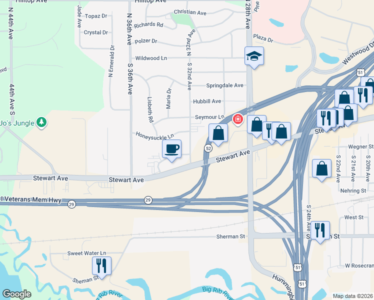 map of restaurants, bars, coffee shops, grocery stores, and more near 3205 Terrace Court in Wausau