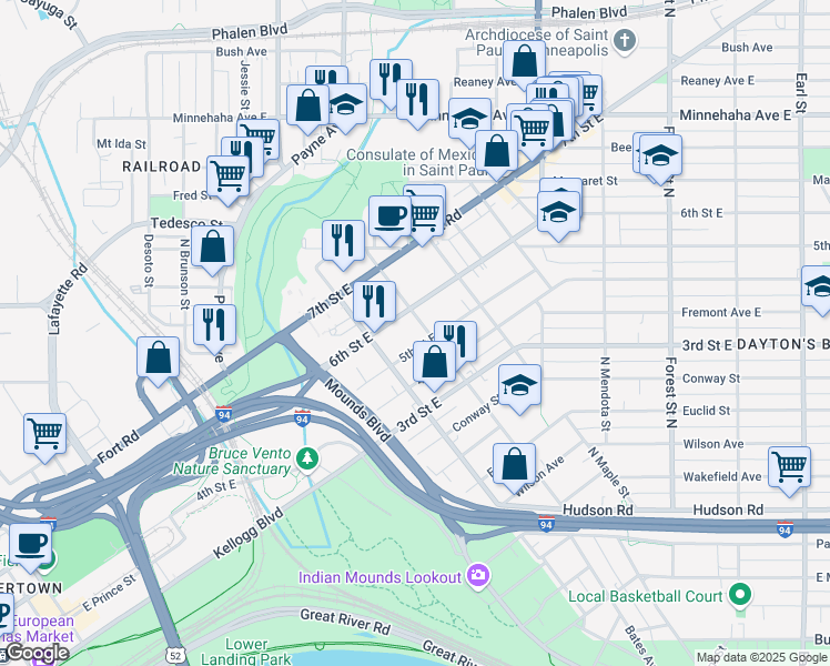map of restaurants, bars, coffee shops, grocery stores, and more near 696 5th Street East in Saint Paul