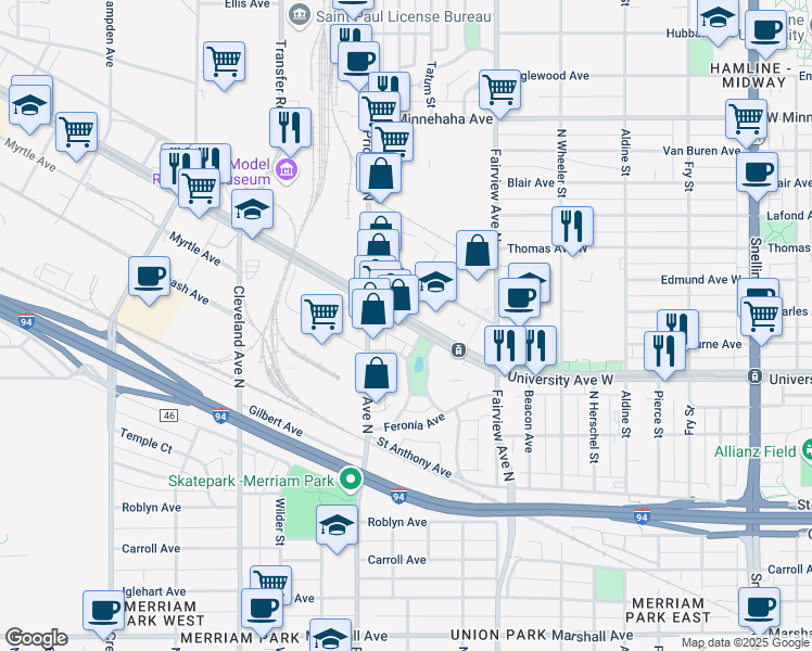 map of restaurants, bars, coffee shops, grocery stores, and more near 21 Oakley Avenue in Saint Paul
