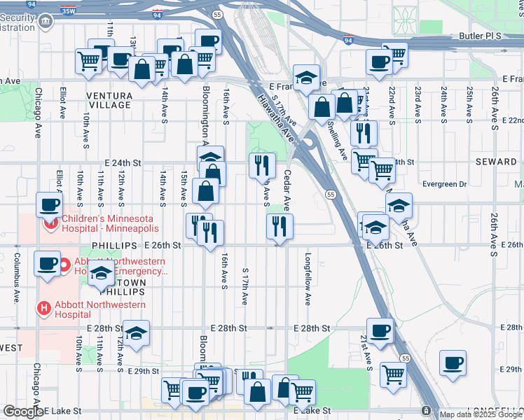 map of restaurants, bars, coffee shops, grocery stores, and more near 2520 18th Avenue South in Minneapolis