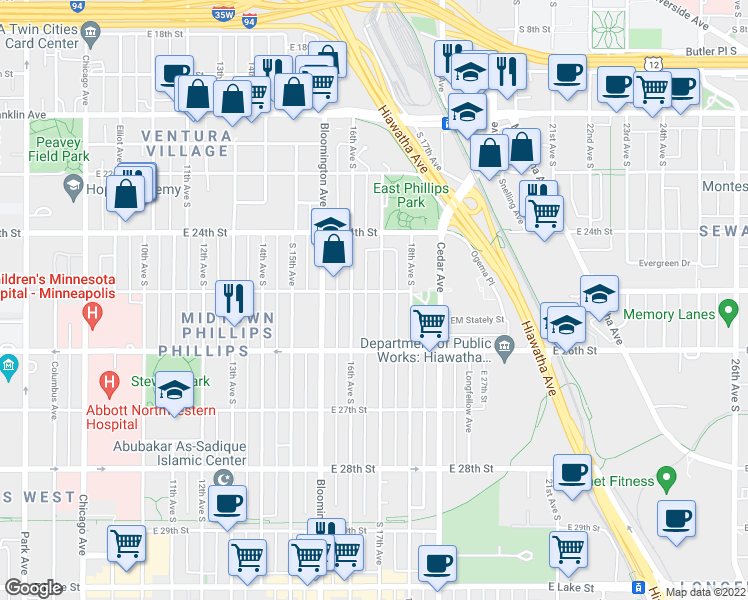 map of restaurants, bars, coffee shops, grocery stores, and more near 2516 17th Avenue South in Minneapolis