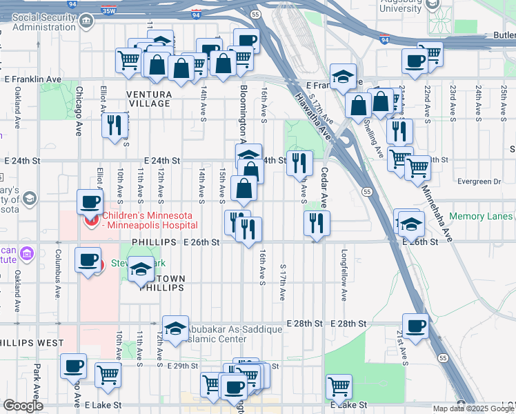 map of restaurants, bars, coffee shops, grocery stores, and more near 2521 Bloomington Avenue in Minneapolis