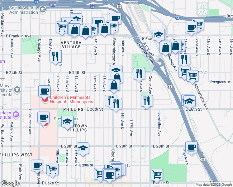 map of restaurants, bars, coffee shops, grocery stores, and more near 2521 Bloomington Avenue in Minneapolis