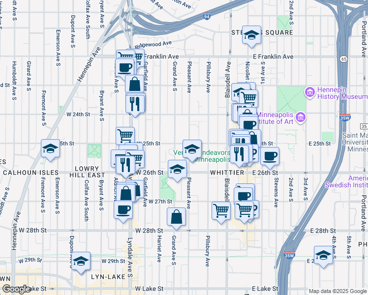 map of restaurants, bars, coffee shops, grocery stores, and more near 2524 Pleasant Avenue in Minneapolis