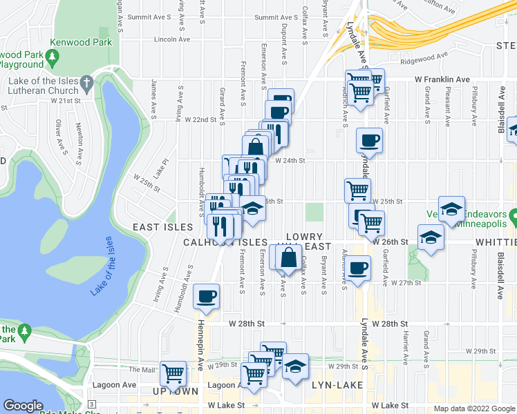 map of restaurants, bars, coffee shops, grocery stores, and more near 2525 Emerson Avenue South in Minneapolis