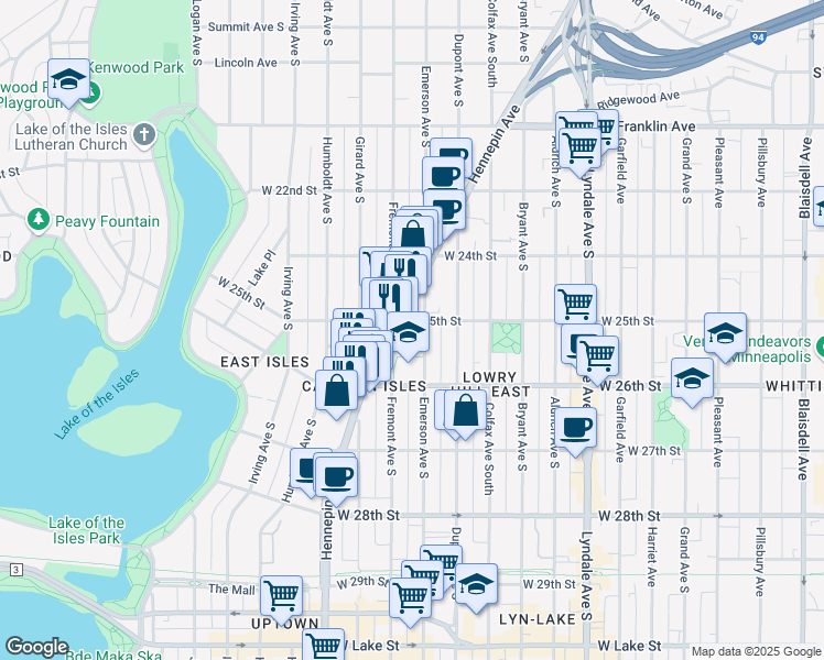 map of restaurants, bars, coffee shops, grocery stores, and more near 2519 Hennepin Avenue South in Minneapolis
