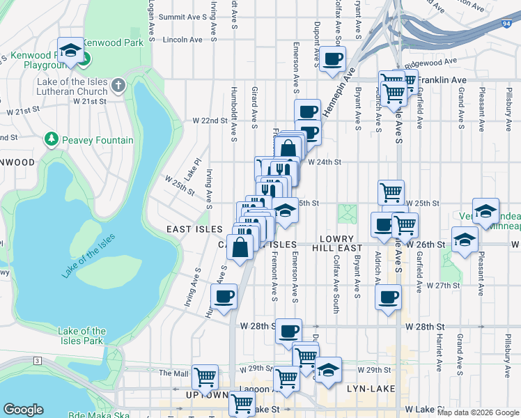 map of restaurants, bars, coffee shops, grocery stores, and more near 1327 25th 1/2 Street West in Minneapolis