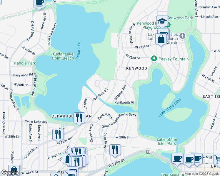 map of restaurants, bars, coffee shops, grocery stores, and more near 2551 Burnham Road in Minneapolis