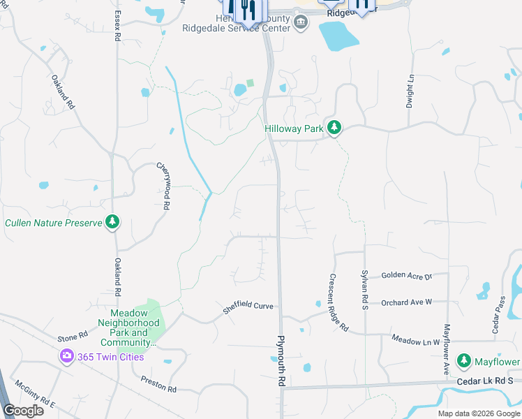 map of restaurants, bars, coffee shops, grocery stores, and more near 12810 Woodbridge Trail in Hopkins
