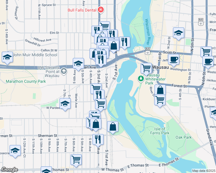 map of restaurants, bars, coffee shops, grocery stores, and more near 612 South 1st Avenue in Wausau