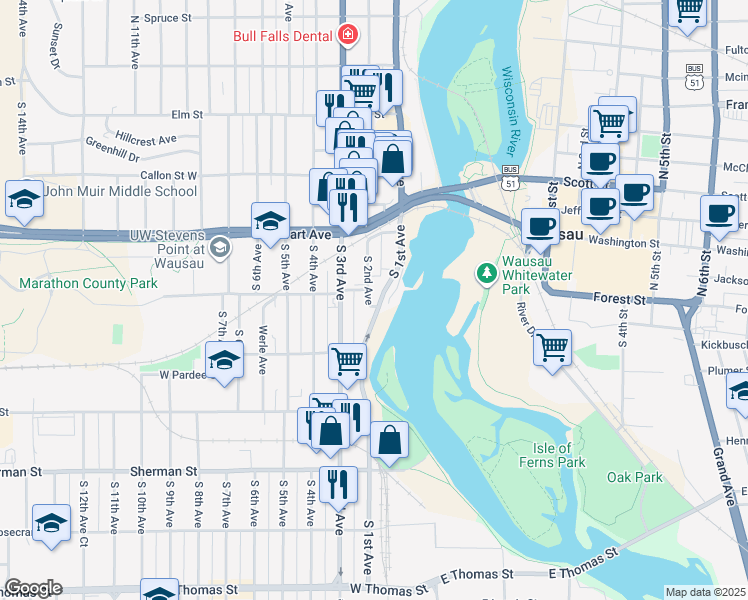map of restaurants, bars, coffee shops, grocery stores, and more near 612 South 1st Avenue in Wausau
