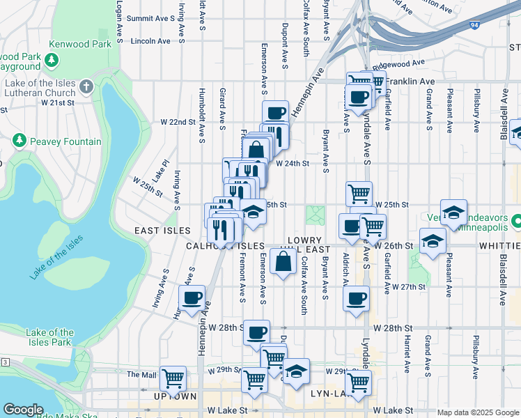 map of restaurants, bars, coffee shops, grocery stores, and more near 2500 Emerson Avenue South in Minneapolis