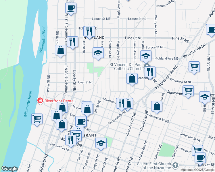map of restaurants, bars, coffee shops, grocery stores, and more near 1949 Church Street Northeast in Salem