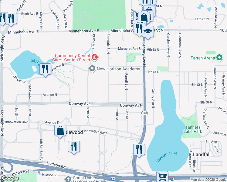 map of restaurants, bars, coffee shops, grocery stores, and more near 500 Ferndale Street North in Maplewood