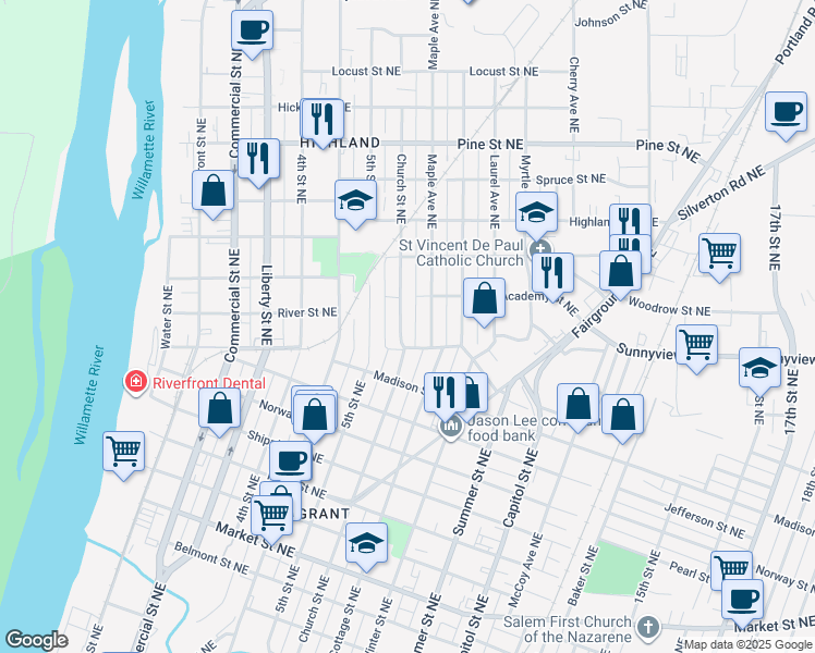 map of restaurants, bars, coffee shops, grocery stores, and more near 640 South Saint Northeast in Salem