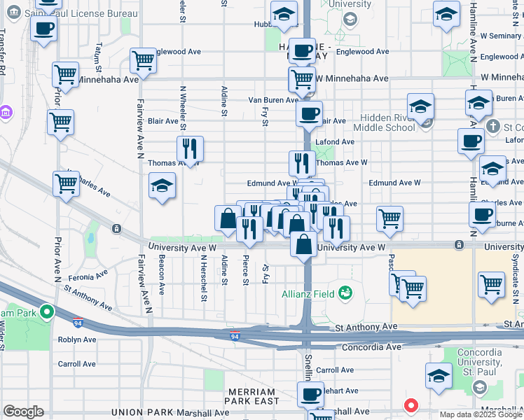 map of restaurants, bars, coffee shops, grocery stores, and more near 1642 Charles Avenue in Saint Paul