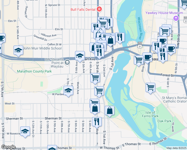 map of restaurants, bars, coffee shops, grocery stores, and more near 309 Garfield Avenue in Wausau