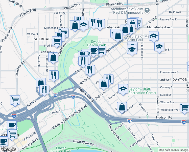 map of restaurants, bars, coffee shops, grocery stores, and more near 358 Maria Avenue in Saint Paul