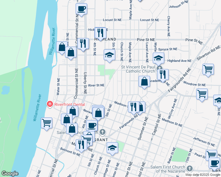map of restaurants, bars, coffee shops, grocery stores, and more near 1840 Broadway Street Northeast in Salem