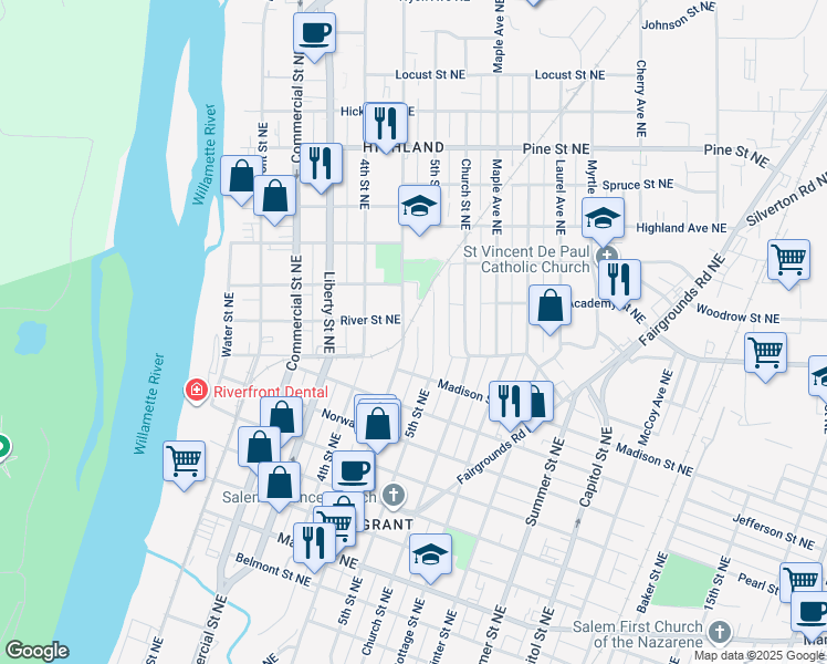 map of restaurants, bars, coffee shops, grocery stores, and more near 1840 Broadway Street Northeast in Salem