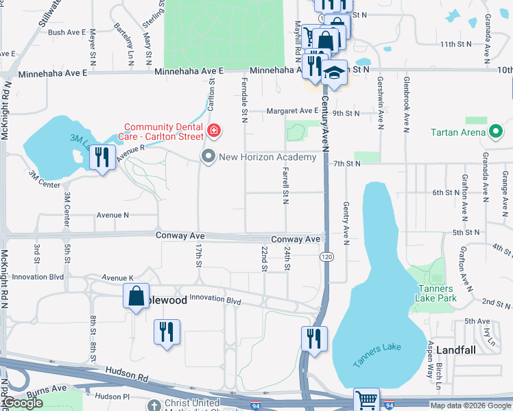 map of restaurants, bars, coffee shops, grocery stores, and more near 500 Ferndale Street North in Maplewood