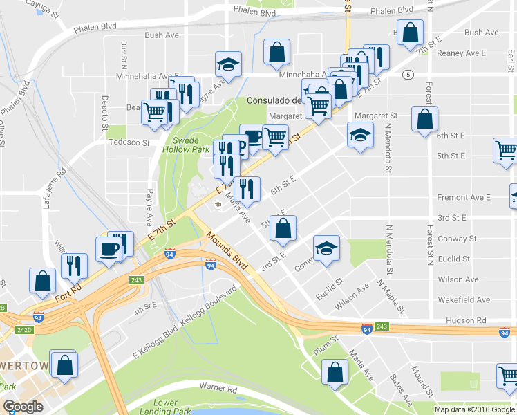 map of restaurants, bars, coffee shops, grocery stores, and more near 358 Maria Avenue in Saint Paul
