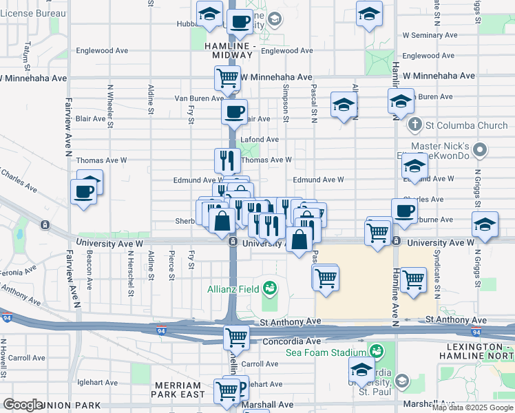 map of restaurants, bars, coffee shops, grocery stores, and more near 1524 Sherburne Avenue in Saint Paul