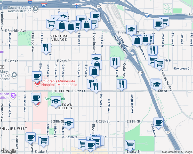 map of restaurants, bars, coffee shops, grocery stores, and more near 2521 Bloomington Avenue in Minneapolis